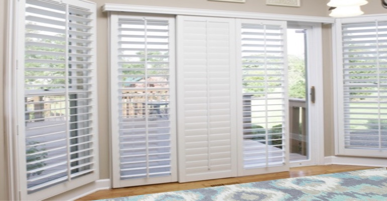 [Polywood|Plantation|Interior ]211] shutters on a sliding glass door in Detroit